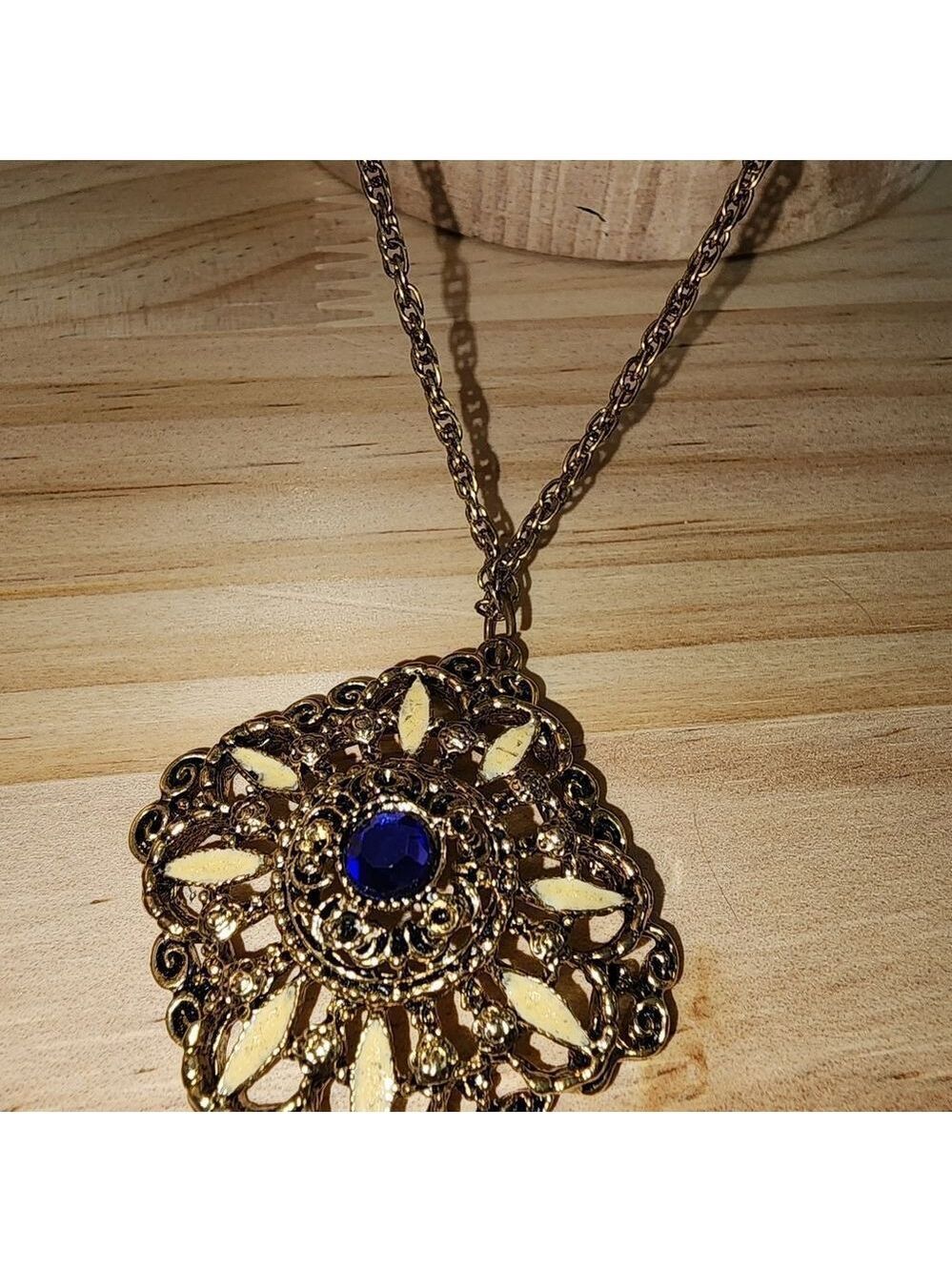 Gold and Blue Pendant Necklace 38" - Picture 5 of 6
